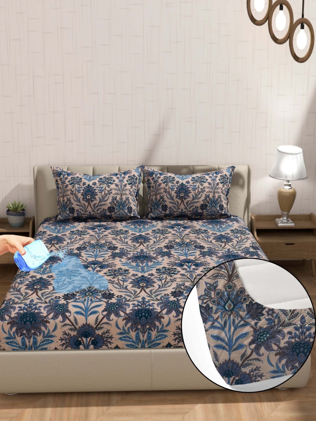 

BLUEDOT Beige & Blue Floral 300 TC Fitted Waterproof King Bedsheet Set-1.98mx1.82mx20.32cm