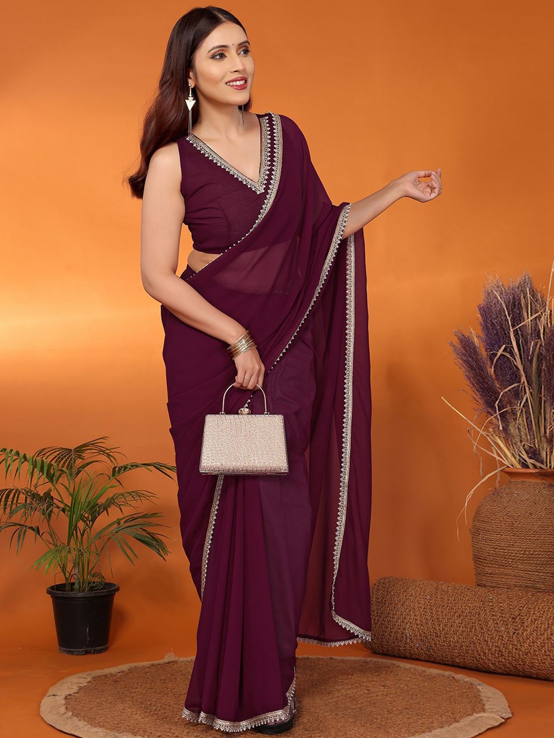 

FABMORA Beads and Stones Embroidered Georgette Saree With Unstitched Blouse Piece, Purple