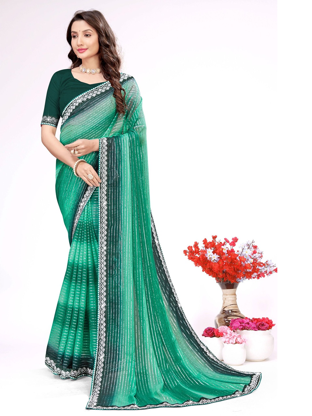 

KEERAT FASHION Embellished Beads and Stones Saree, Green