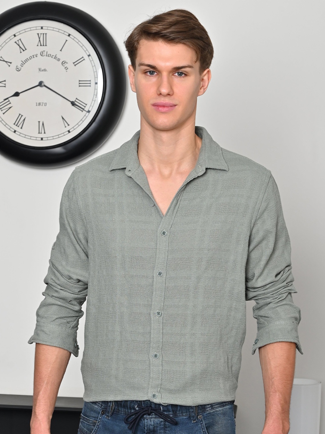 

POE Men Slim Fit Spread Collar Textured Cotton Casual Shirt, Green