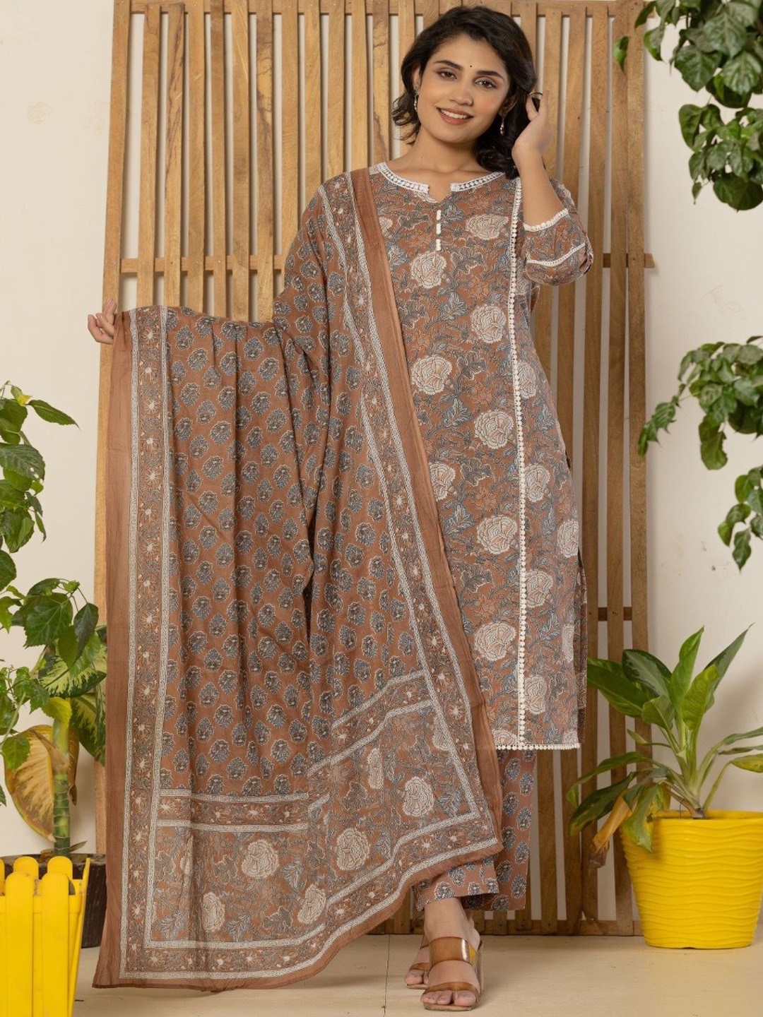

NUNCHII Floral Printed Pure Cotton Straight Kurta with Trousers & Dupatta, Brown