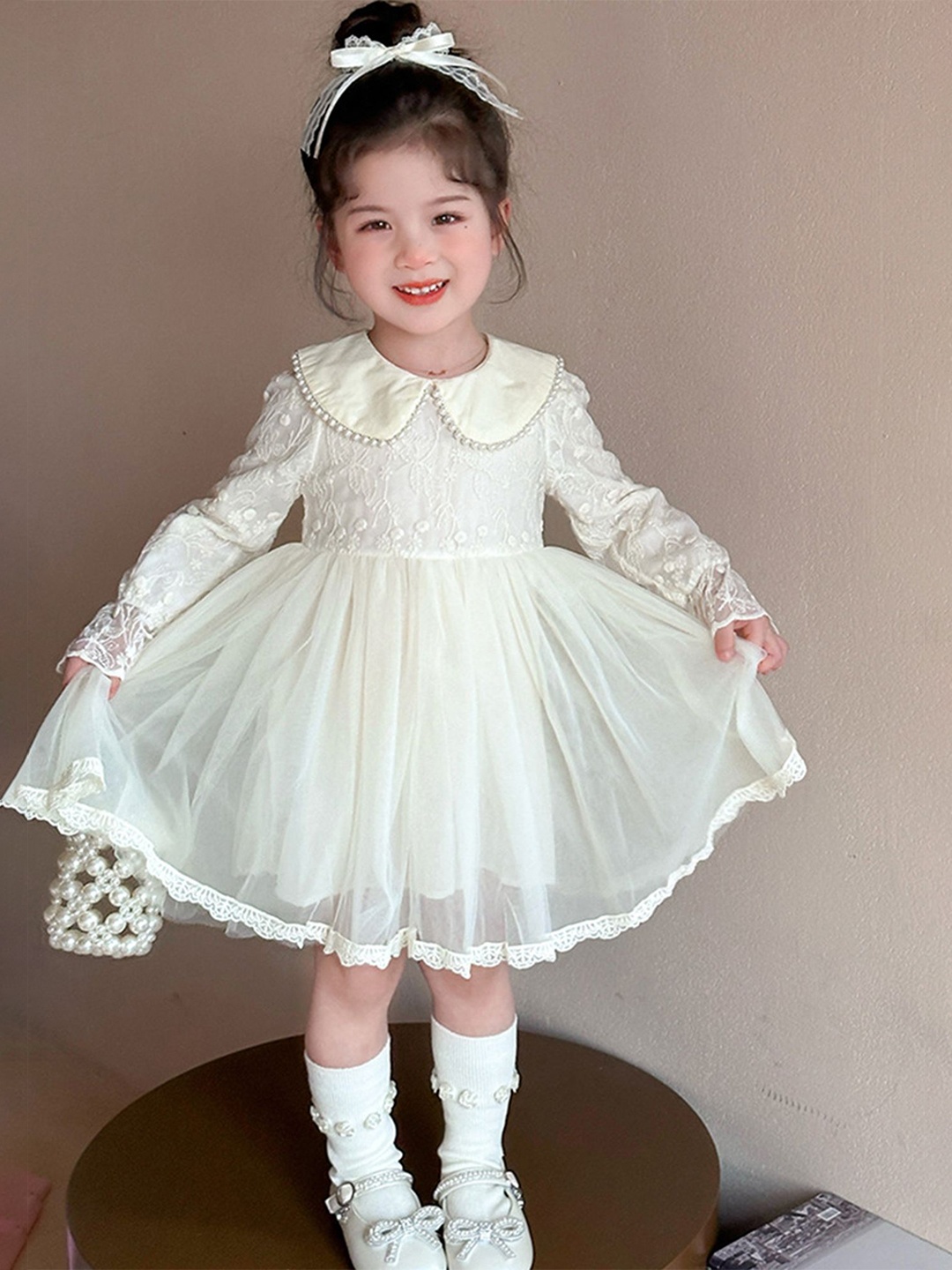 

LULU & SKY Girls Peter Pan Collar Fit & Flare Ready to Wear Dress, Off white