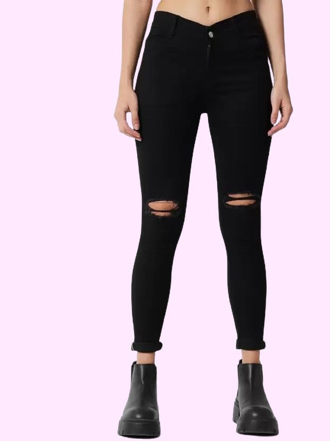 

LINARIA Women Classic Cotton Slim Fit Slash Knee Jeans, Black