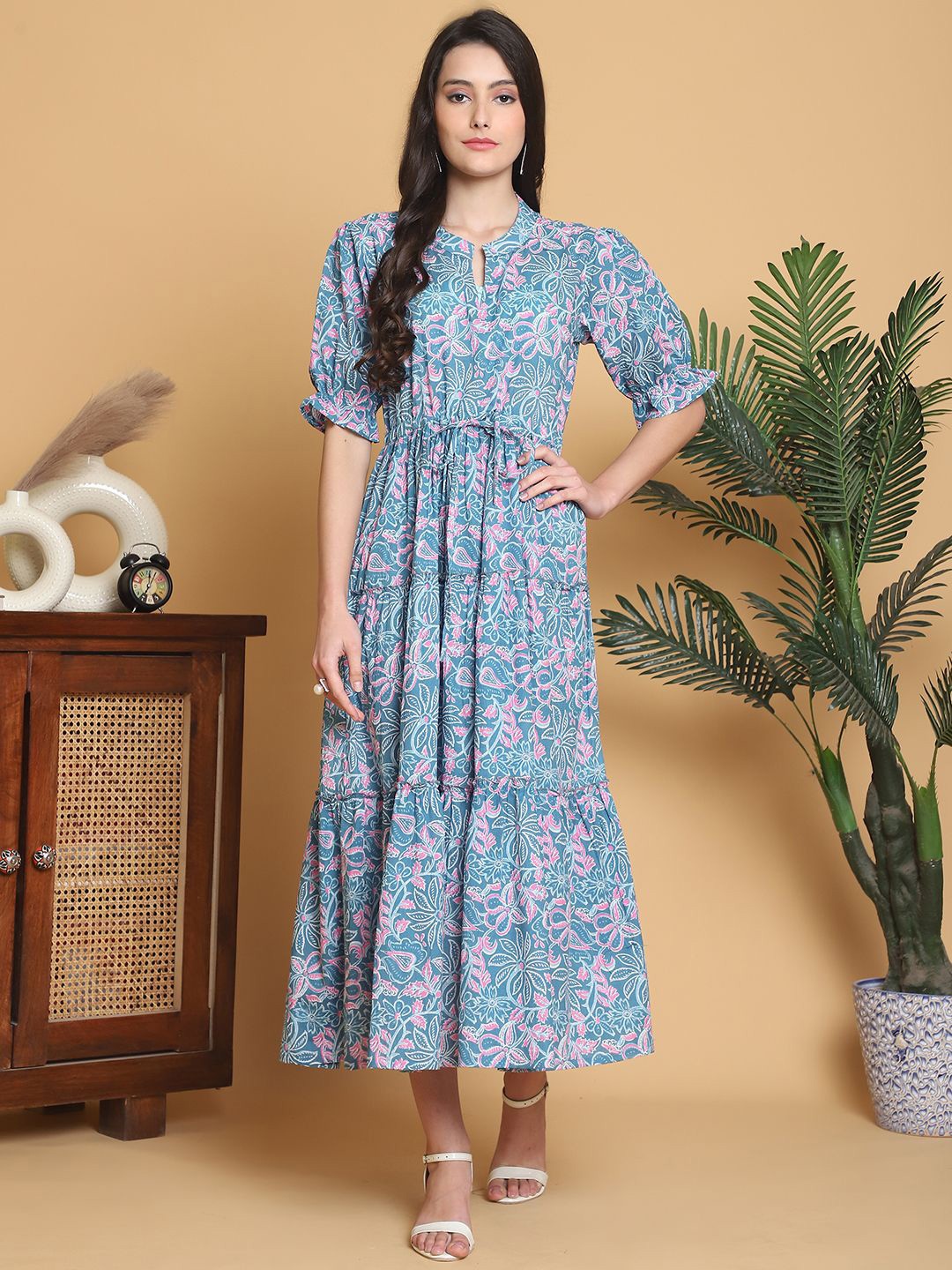 

KALINI Women Printed A-Line Maxi Dress, Blue