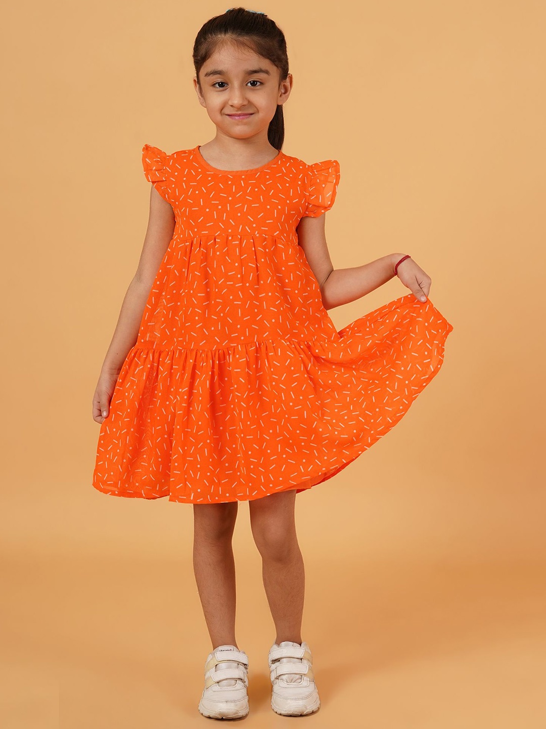

Creative Kids Girls Polka Dot Printed Flutter Sleeve Fit & Flare Dress, Orange