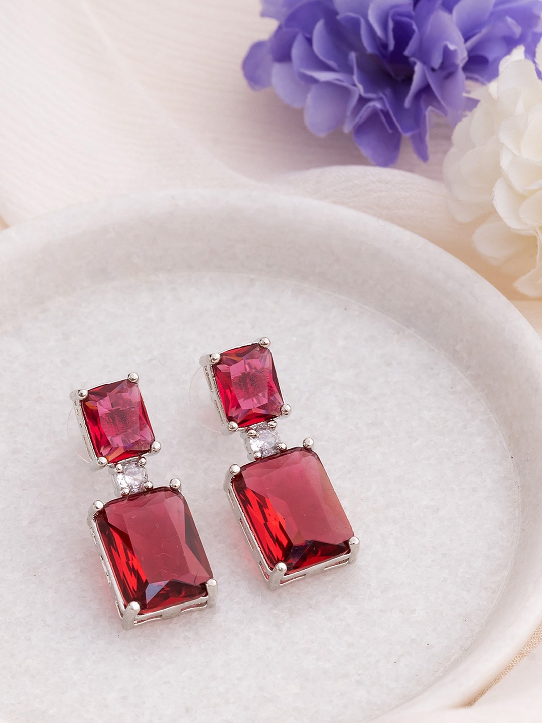 

Manikya Rhodium-Plated American Diamond Studded Square Shaped Drop Earrings, Silver