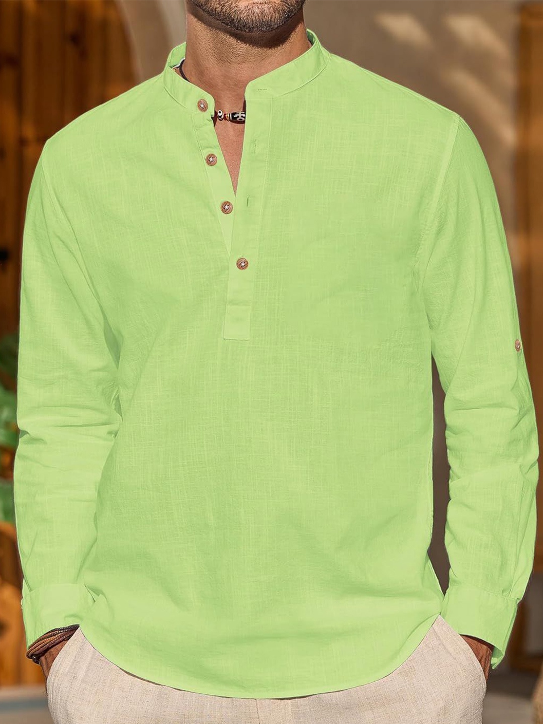 

EdinWolf Men India Slim Fit Mandarin Collar Solid Cotton Casual Shirt, Green