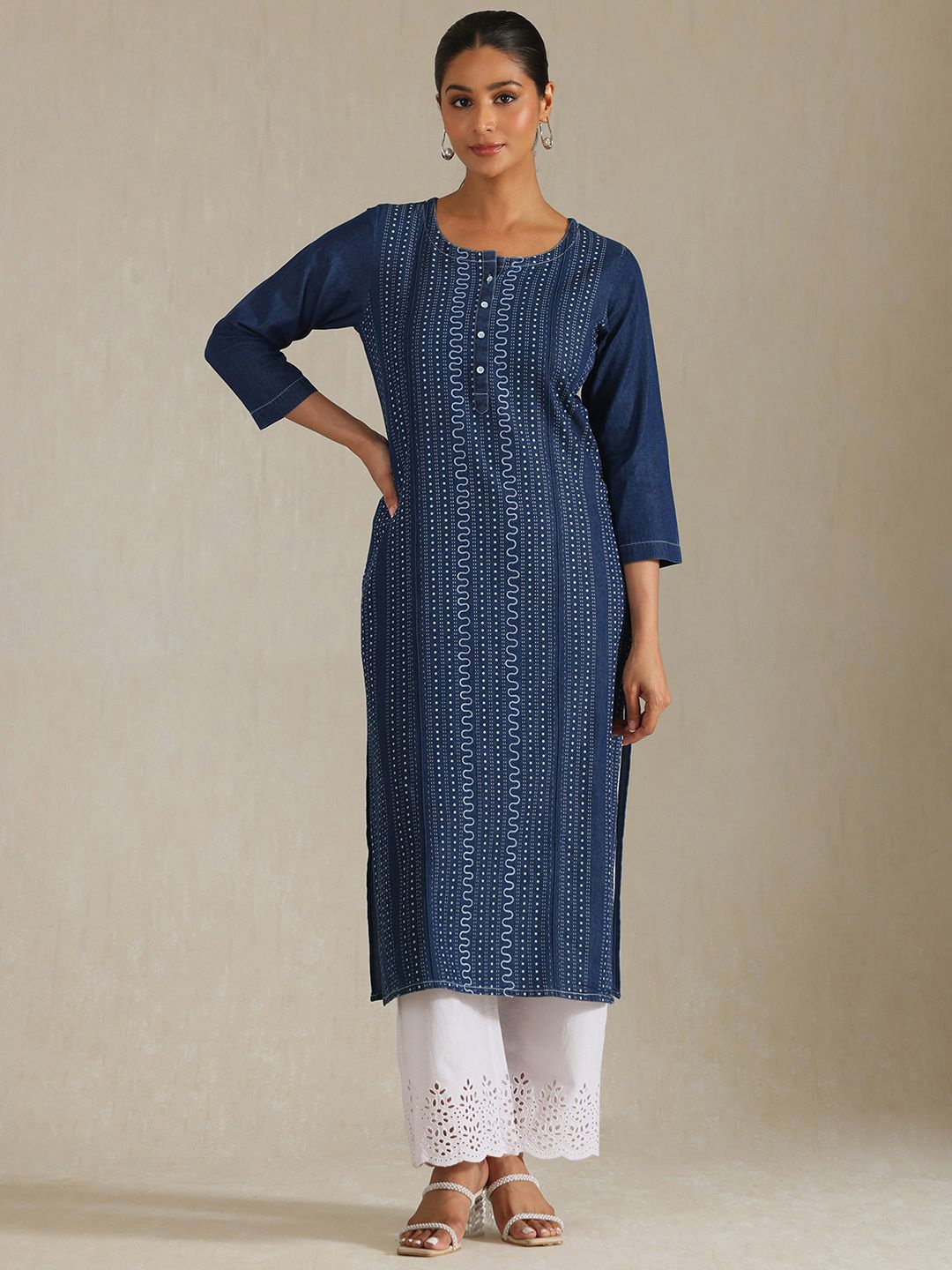 

Soch Geometric Printed Denim Straight Kurta, Blue