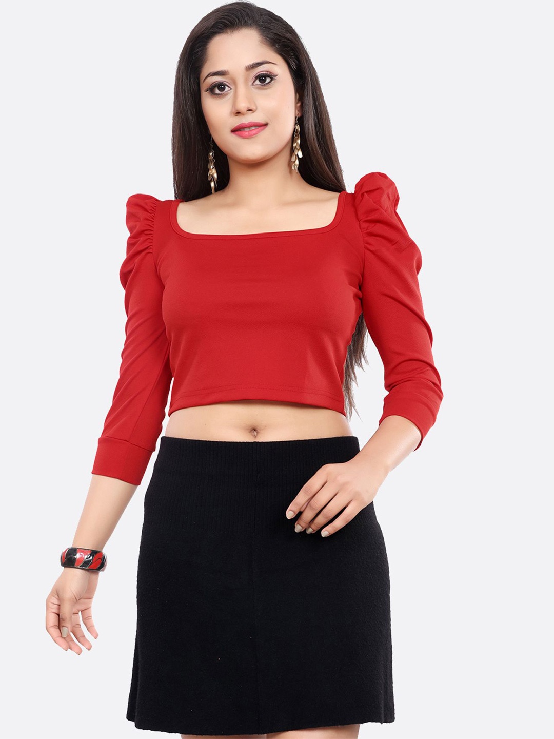 

DressBerry Women Solid Puff Sleeve Crop Top, Red