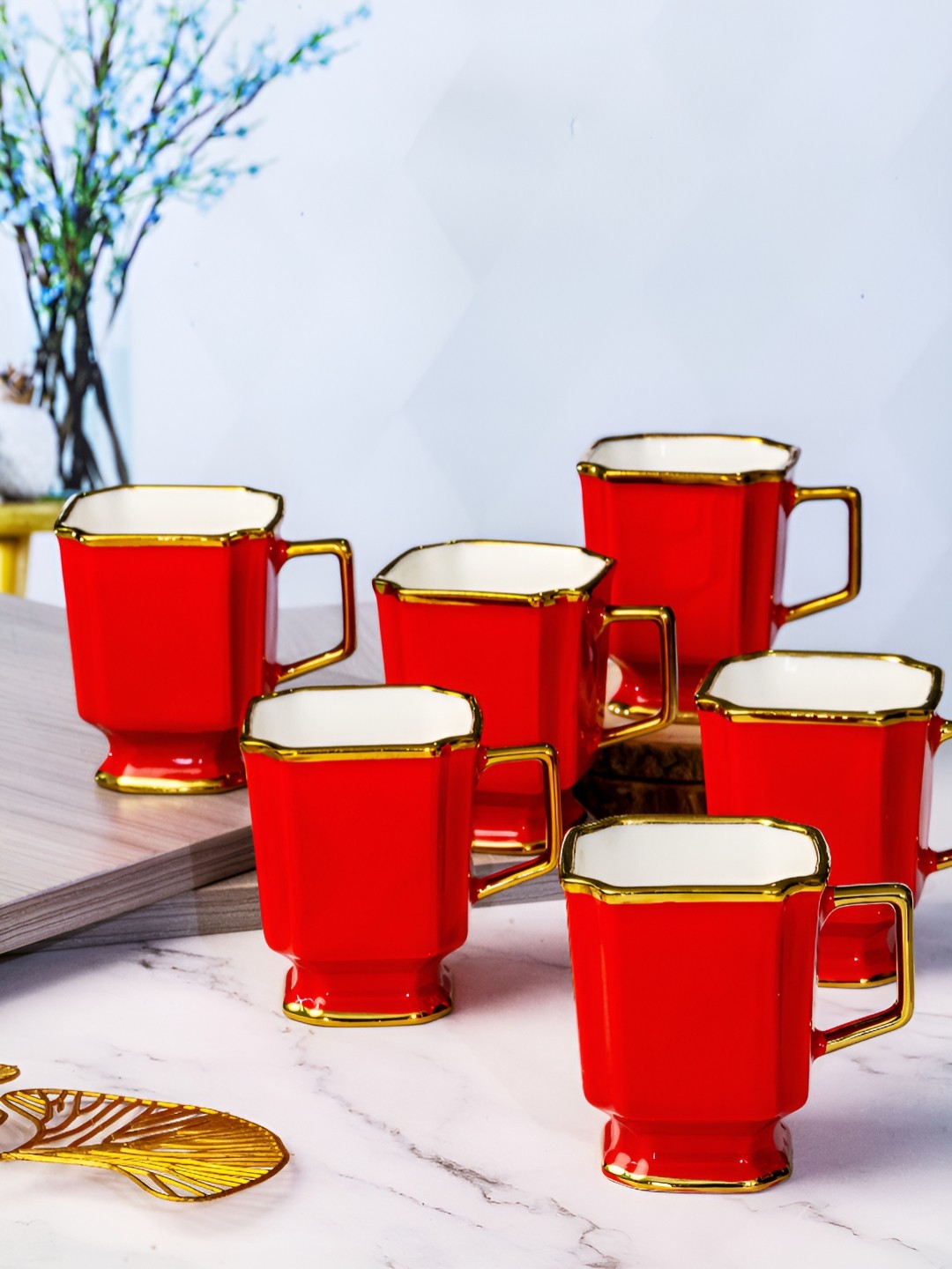 

Roxx Red & Gold-Toned 6 Pieces Porcelain Dishwasher Safe Glossy Mugs 180 ml