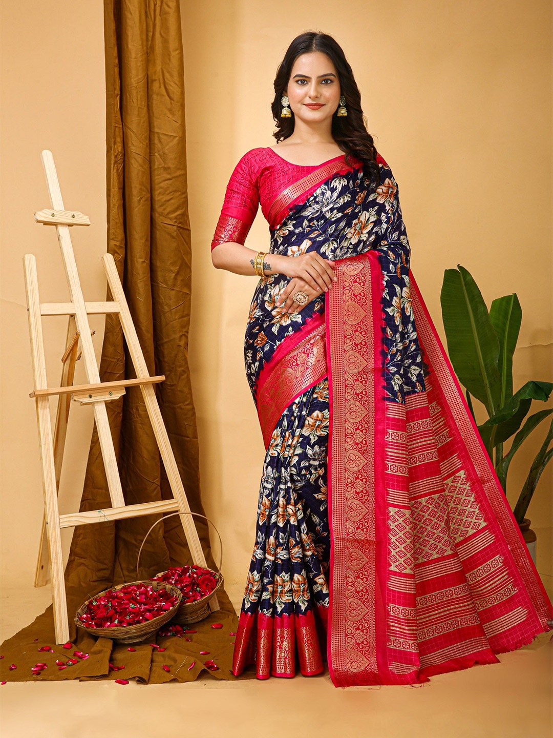 

DIVASTRI Floral Printed Woven Design Zari Saree With Unstitched Blosue Piece, Navy blue