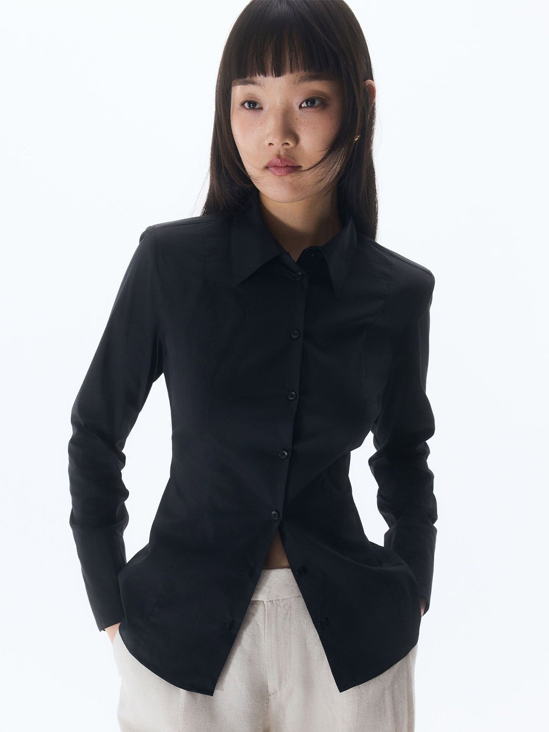 

H&M Shoulder-Pad Tapered-Waist Shirt, Black