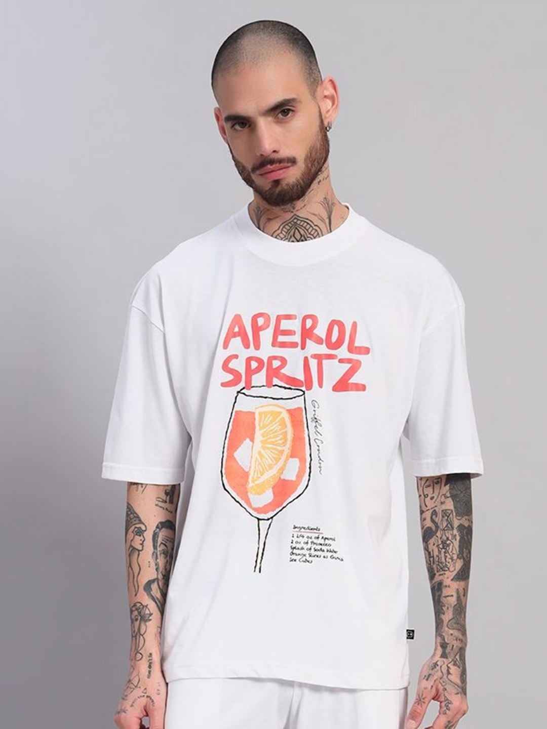 

GRIFFEL Men Printed Drop-Shoulder Sleeves Ultralite T-shirt, White