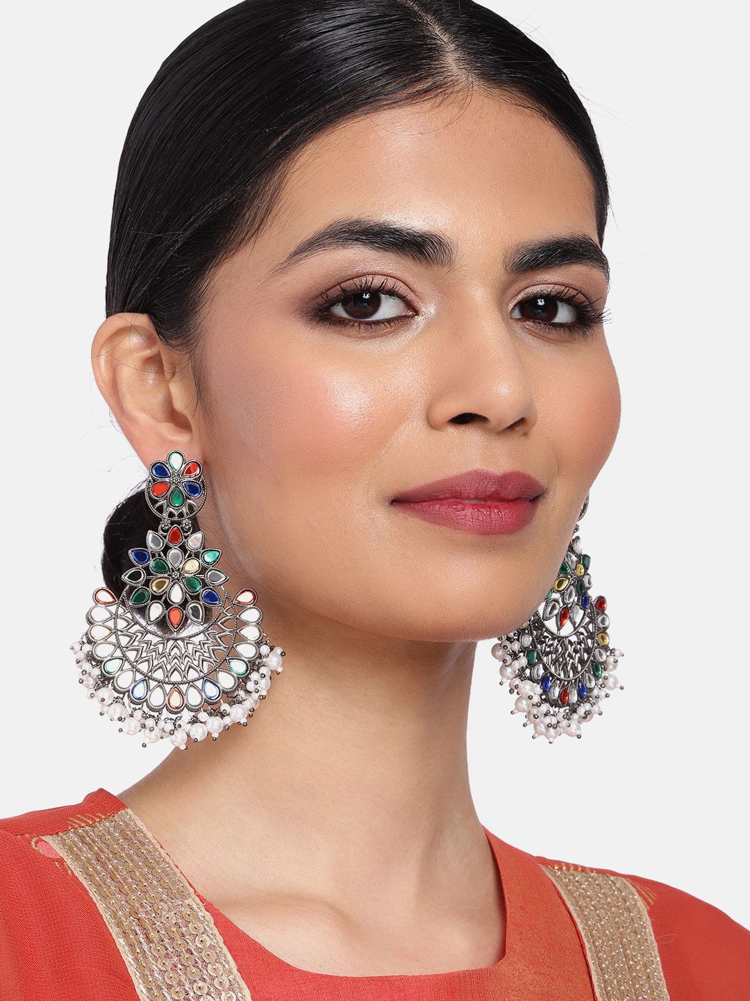 

Sangria Artificial Stones Studded & Beaded Contemporary Drop Earrings, Silver