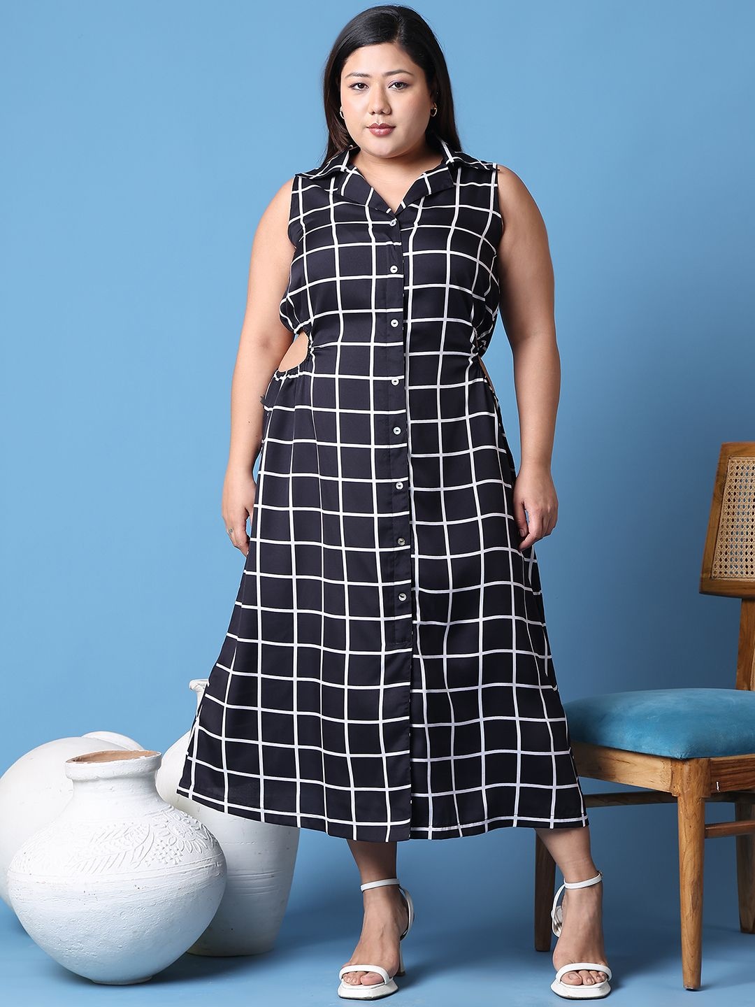 

theRebelinme Women Plus Size Checked A-Line Midi Dress, Black