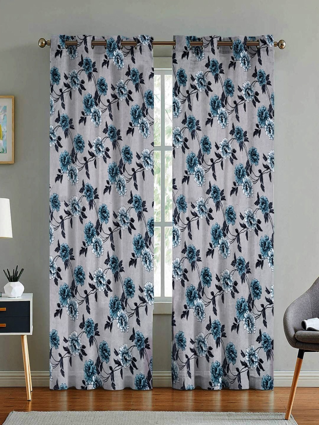 

ANA Blue & Grey 2 Pieces Floral Printed Cotton Long Door Curtains