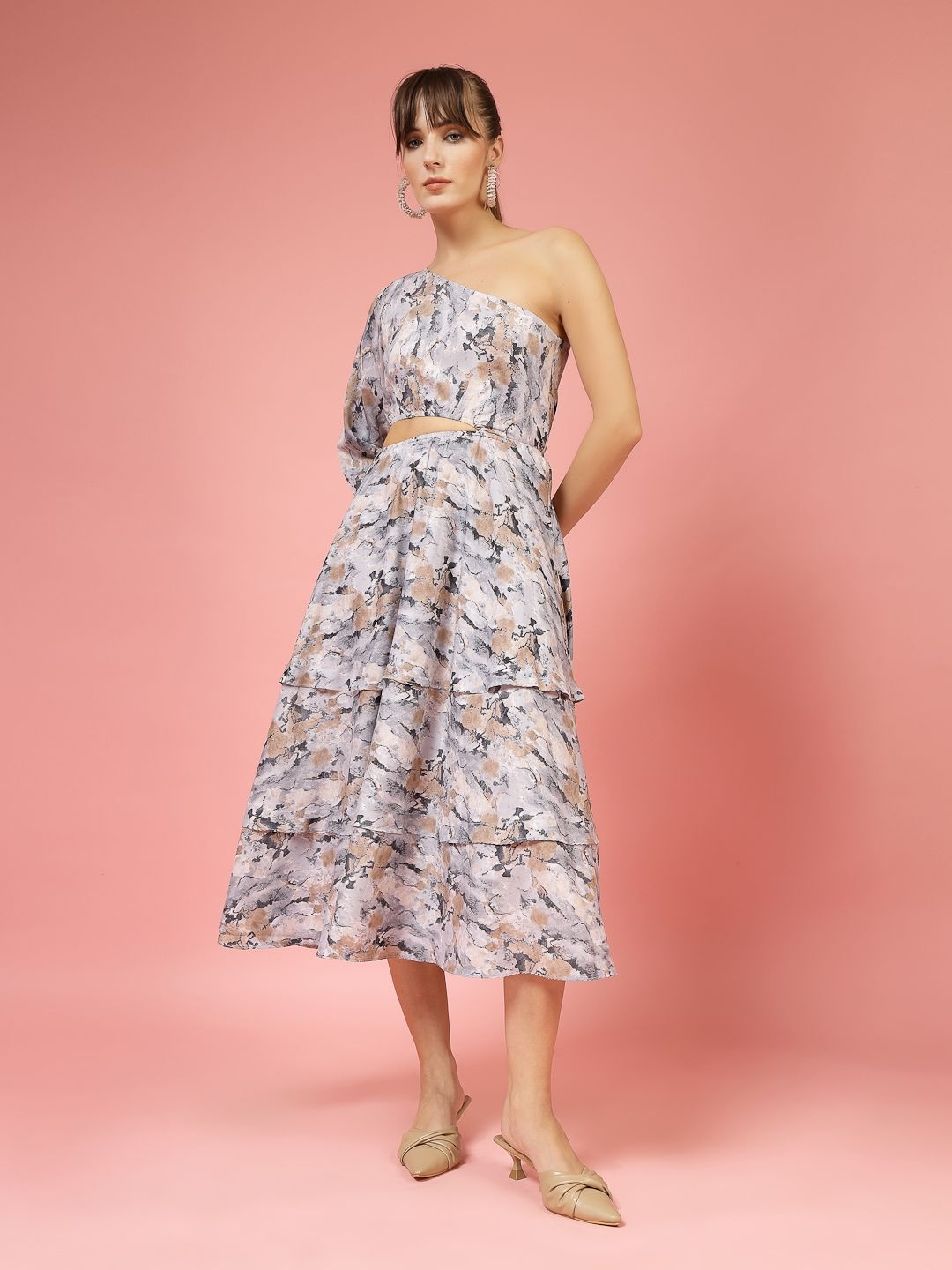 

DressBerry Women Floral Print Cold-Shoulder Crepe A-Line Midi Dress, Brown