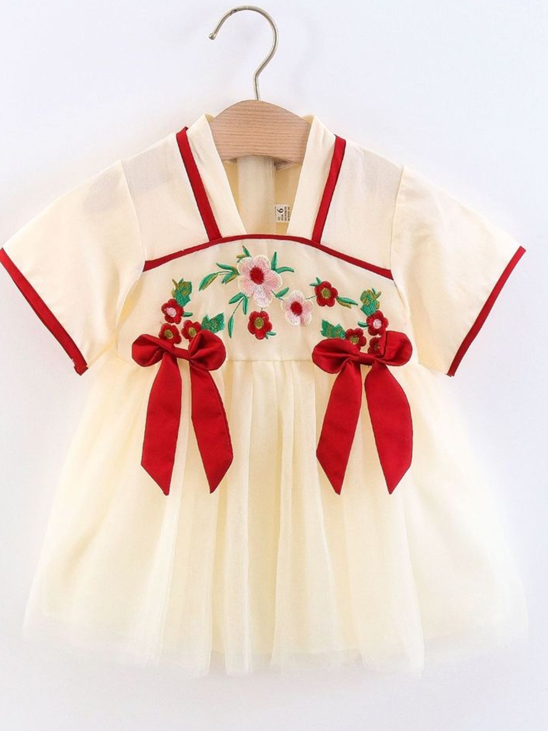 

LULU & SKY Girls Embroidered Bow Detail Cotton Fit & Flare Dress, Beige