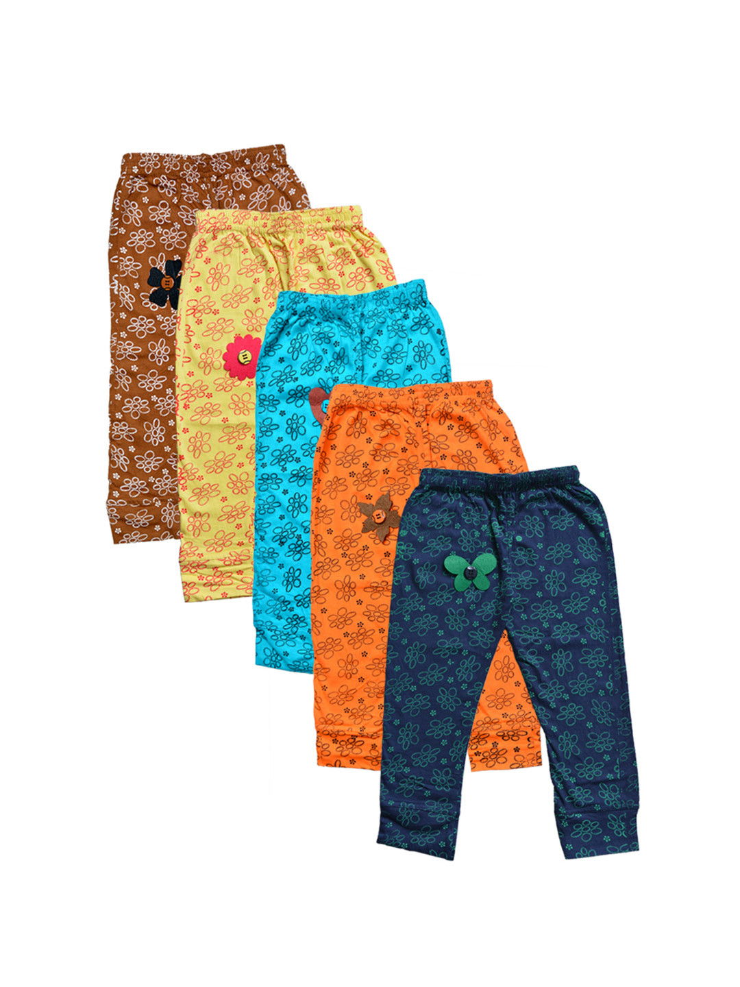 

FAZZA Girls Pack Of 5 Floral Printed Cotton Mid-Rise Ankle-Length Leggings, Orange