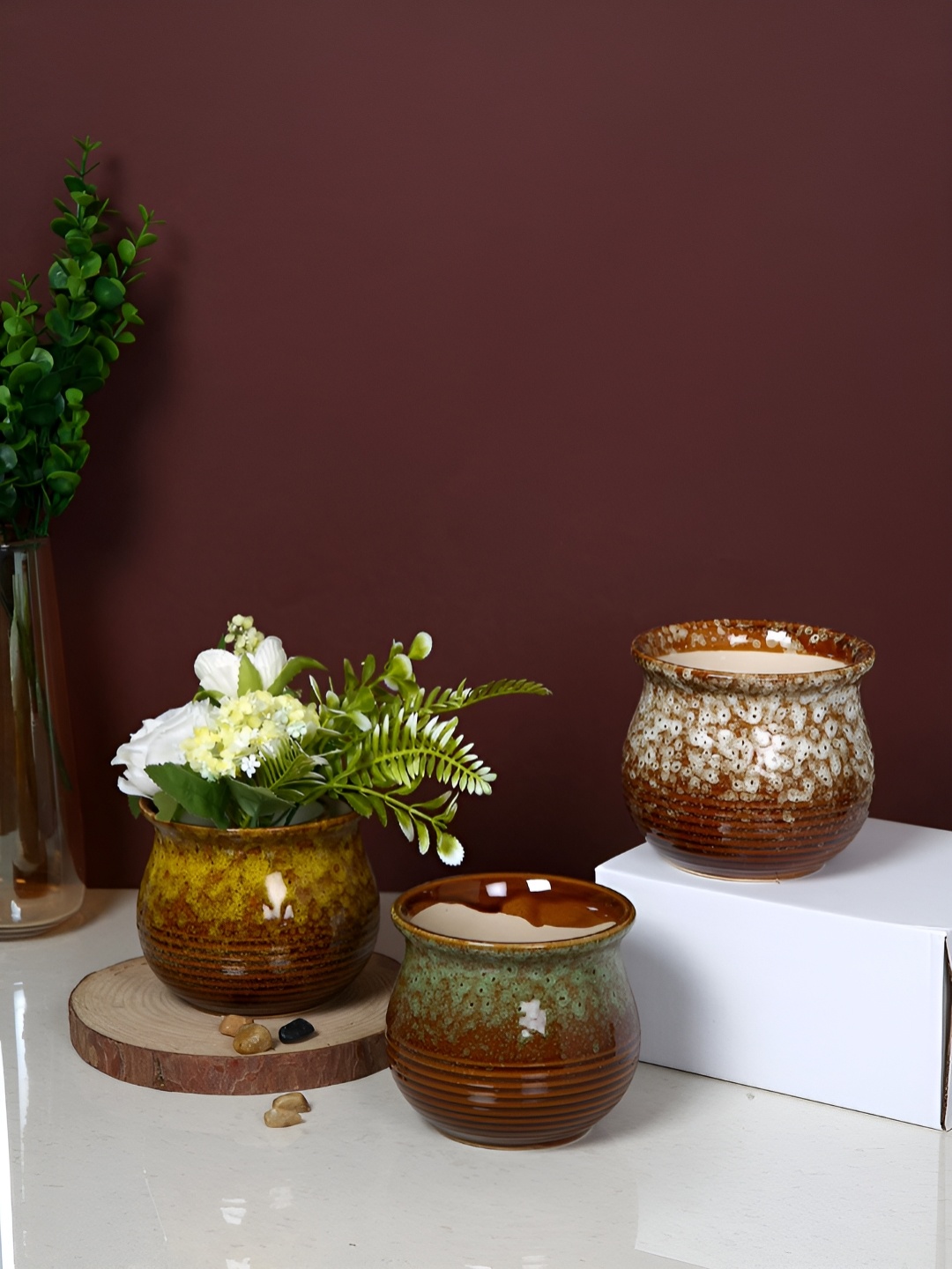 

TAYHAA Brown & White 3 Pieces Glaze Printed Ceramic Planters