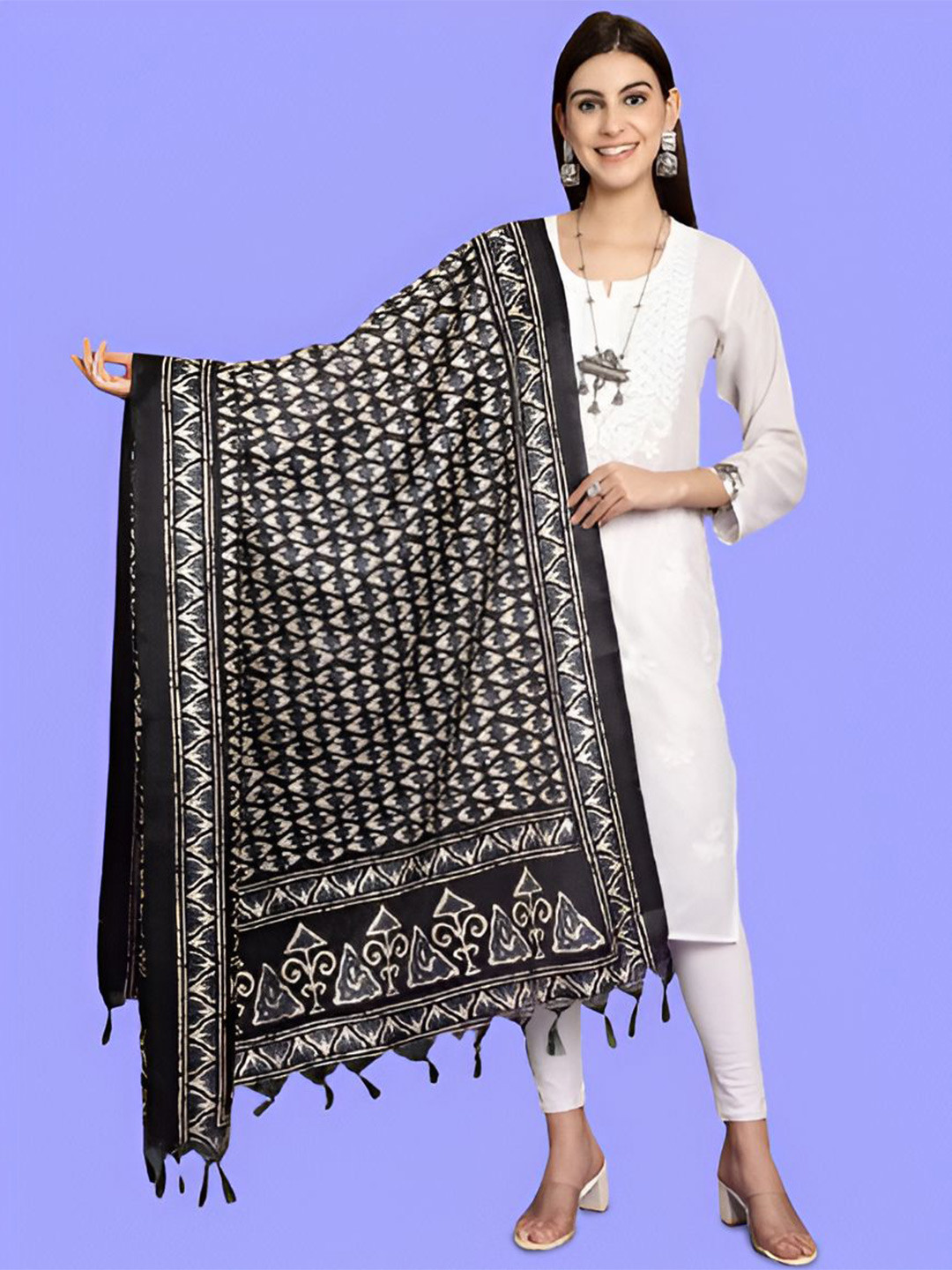 

LOOM LEGACY Geometric Printed Art Silk Dupatta, Black