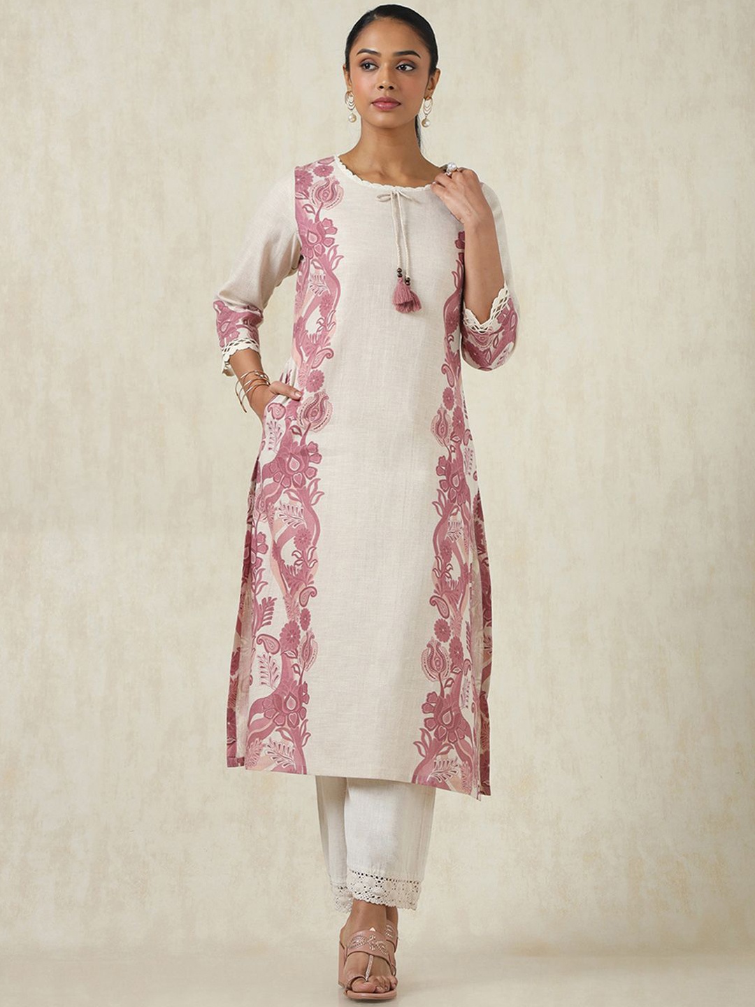 

Soch Floral Printed Round Neck Linen Straight Kurta, Beige
