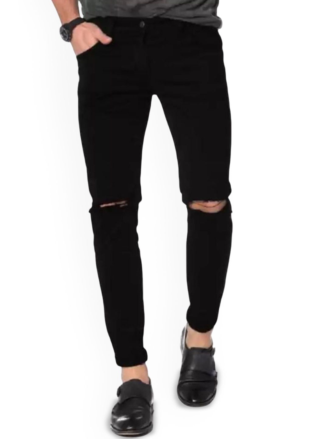 

LINARIA Men Classic Slim Fit Slash Knee Jeans, Black