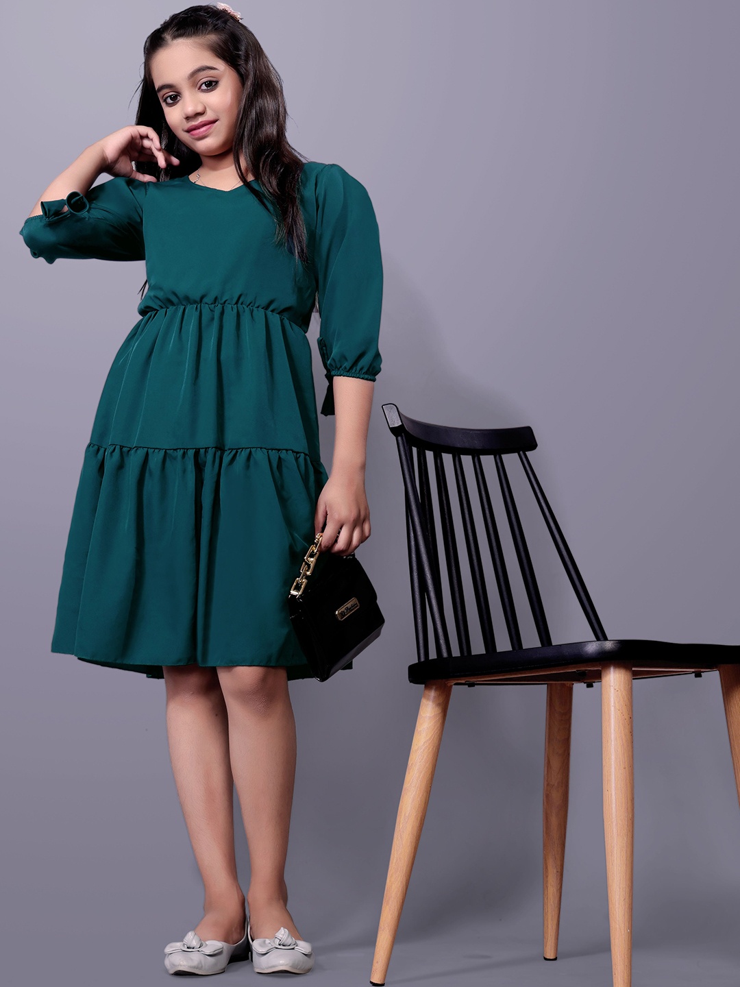 

Aarya Designer Girls Puff Sleeve Fit and Flare Dress, Green