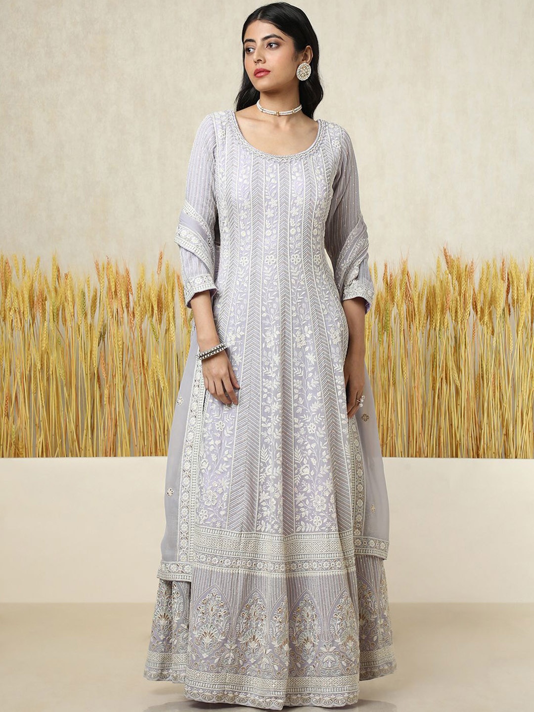 

Soch Floral Embroidered Sequinned Georgette A-Line Gown With Churidar & Dupatta, Purple