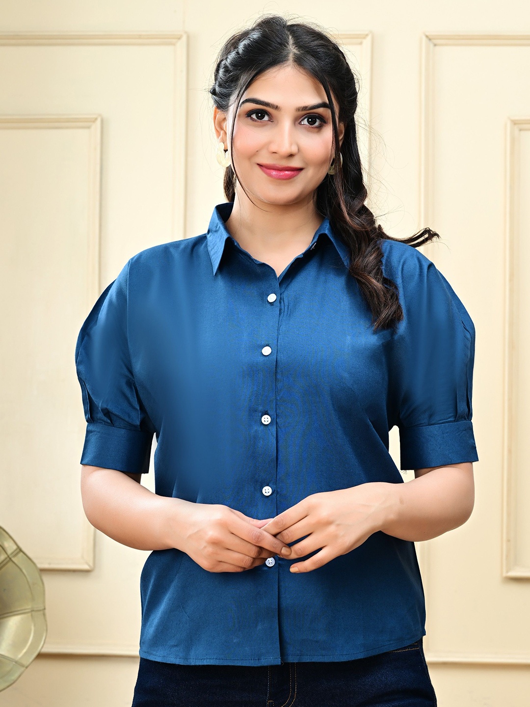 

rf clothes Cuffed Sleeves Shirt Style Top, Blue