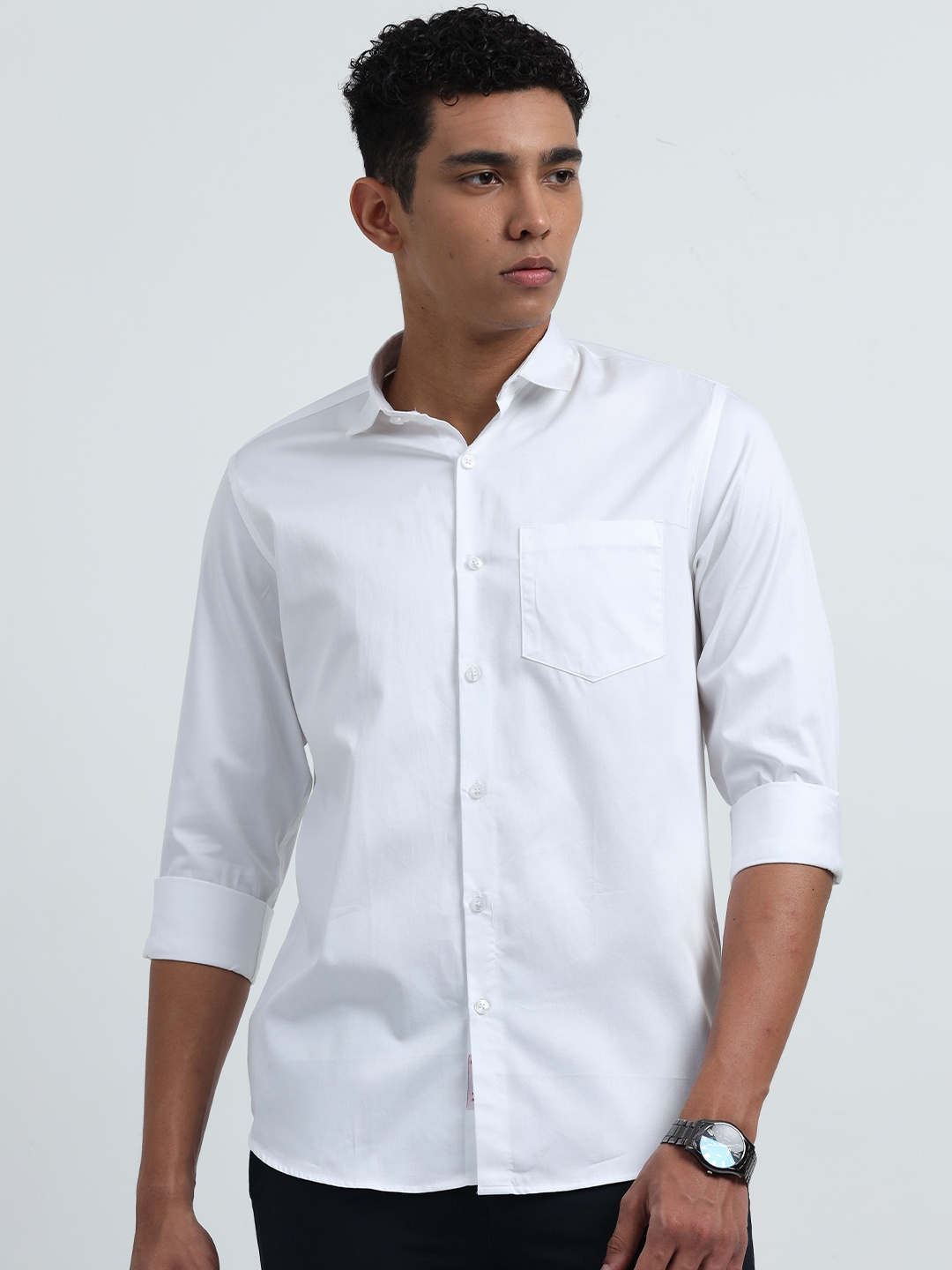 

U.S. PITCHERS Men Smart Slim Fit Spread Collar Solid Satin Casual Shirt, White