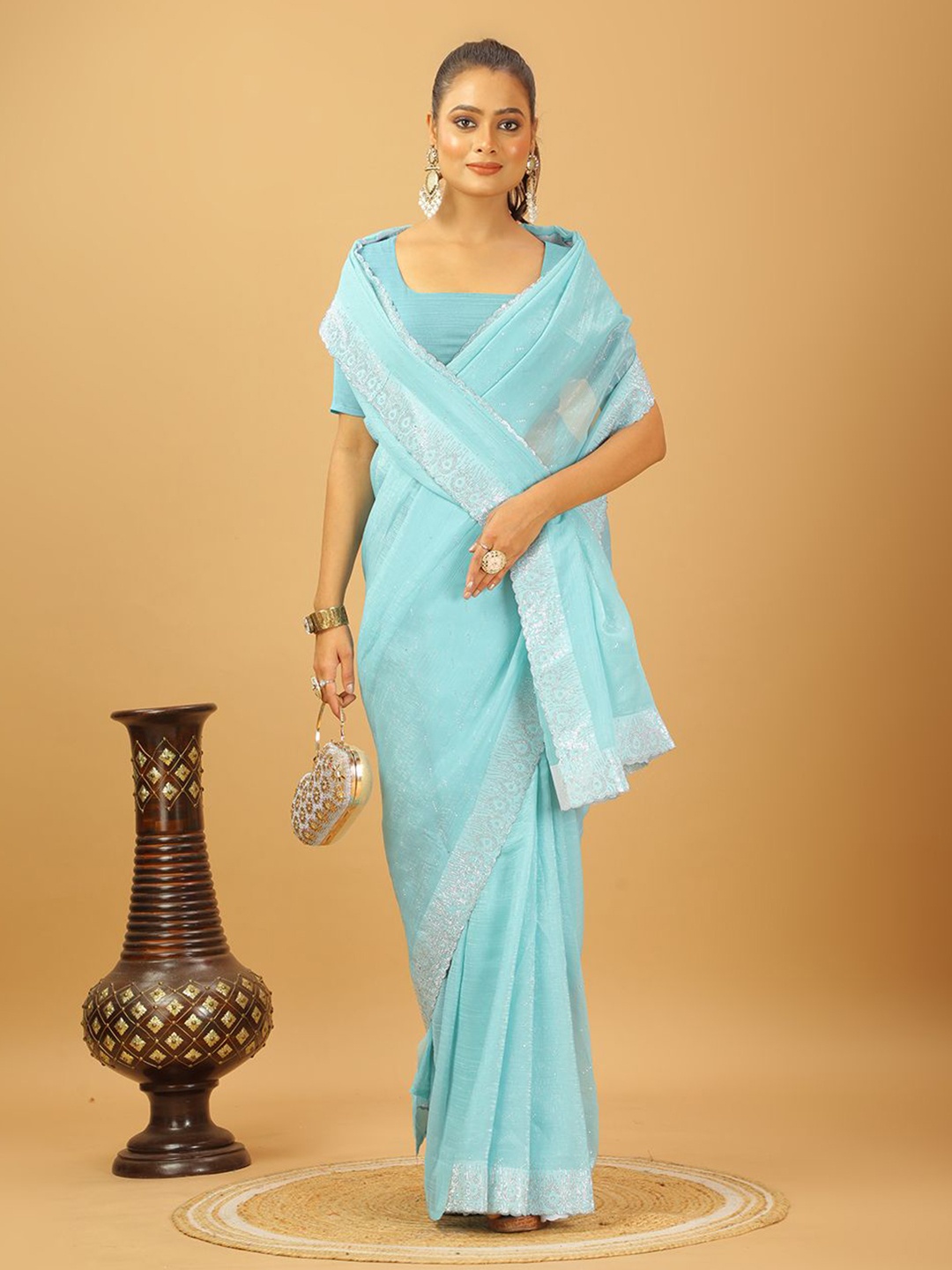 

VIRENDRA TEXTILES Embellished Beads and Stones Pure Georgette Saree, Blue