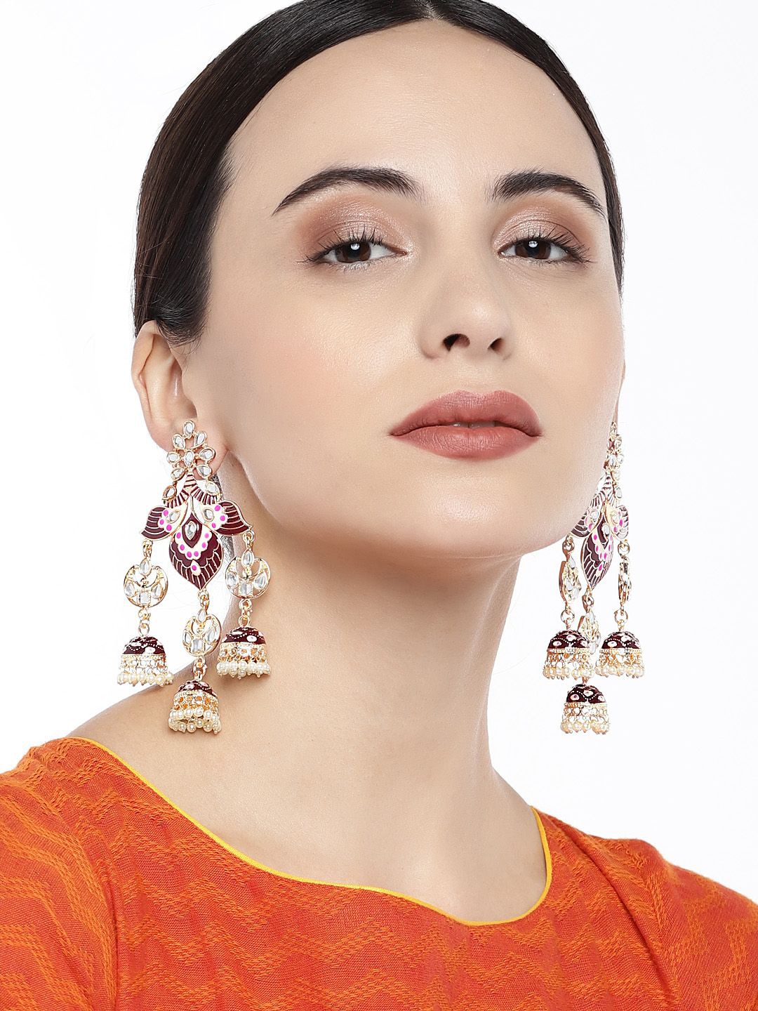 

Anouk Gold-Plated Rhinestone Studded Contemporary Shaped Meenakari Drop Earring, Red