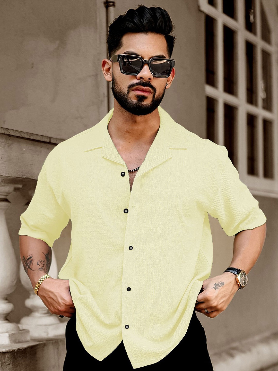 

Metronaut Men Regular Fit Cuban Collar Textured Casual Shirt, Yellow