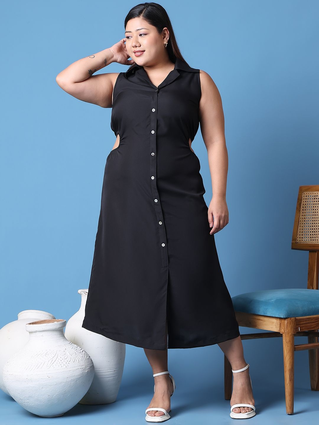 

theRebelinme Women Plus Size A-Line Midi Dress, Black