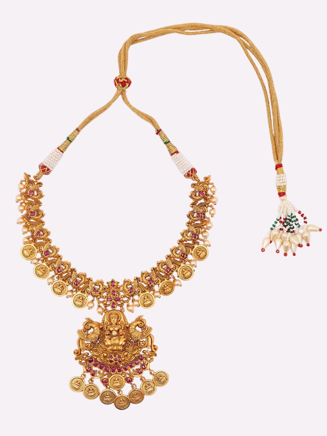 

Exotic India Stone Studded Goddess Lakshmi Choker & Earrings With Drop Beads Jewellery Set, Gold