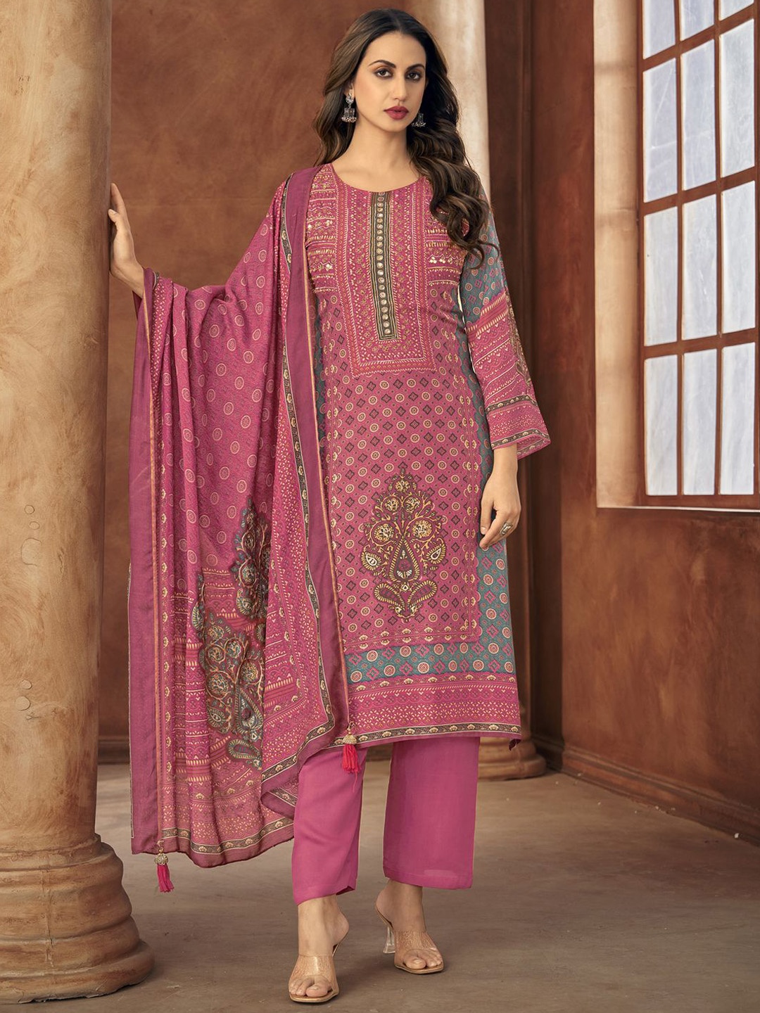 

Stylee LIFESTYLE Floral Printed Pure Silk Unstitched Dress Material, Magenta