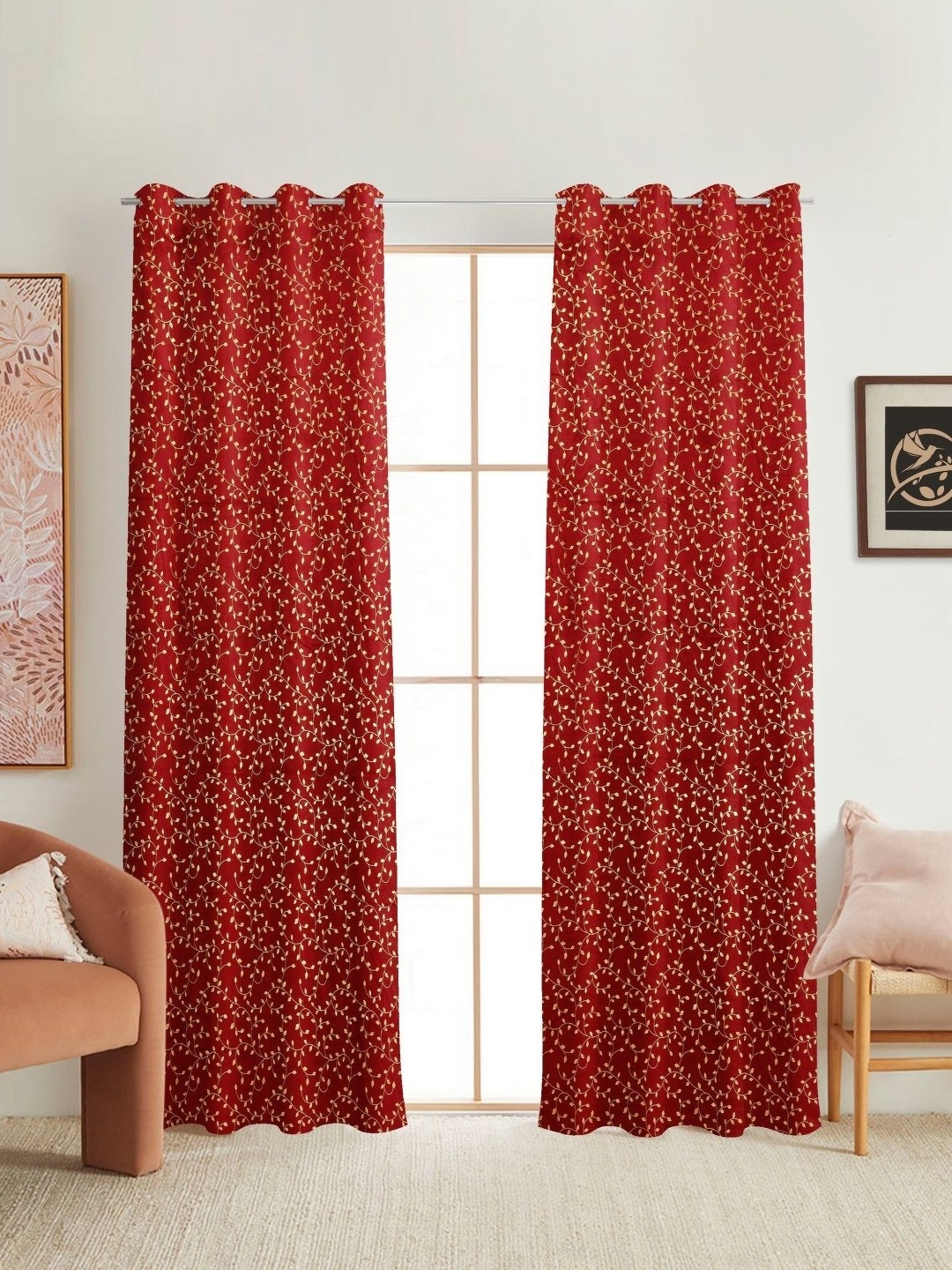 

Galaxy Home Decor Maroon 2 Pieces Floral Printed Room Darkening Long Door Curtain