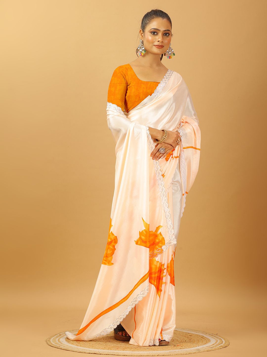 

VIRENDRA TEXTILES Floral Printed Sequinned Pure Georgette Saree, Orange