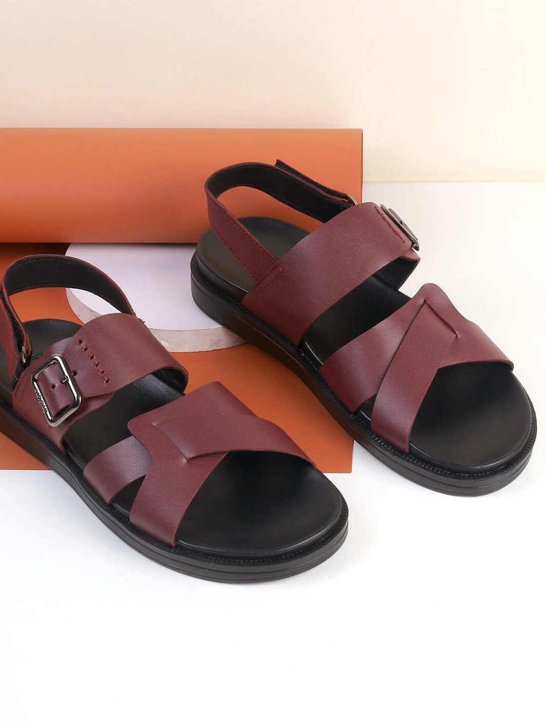 

Mochi Men Leather Comfort Sandals, Maroon