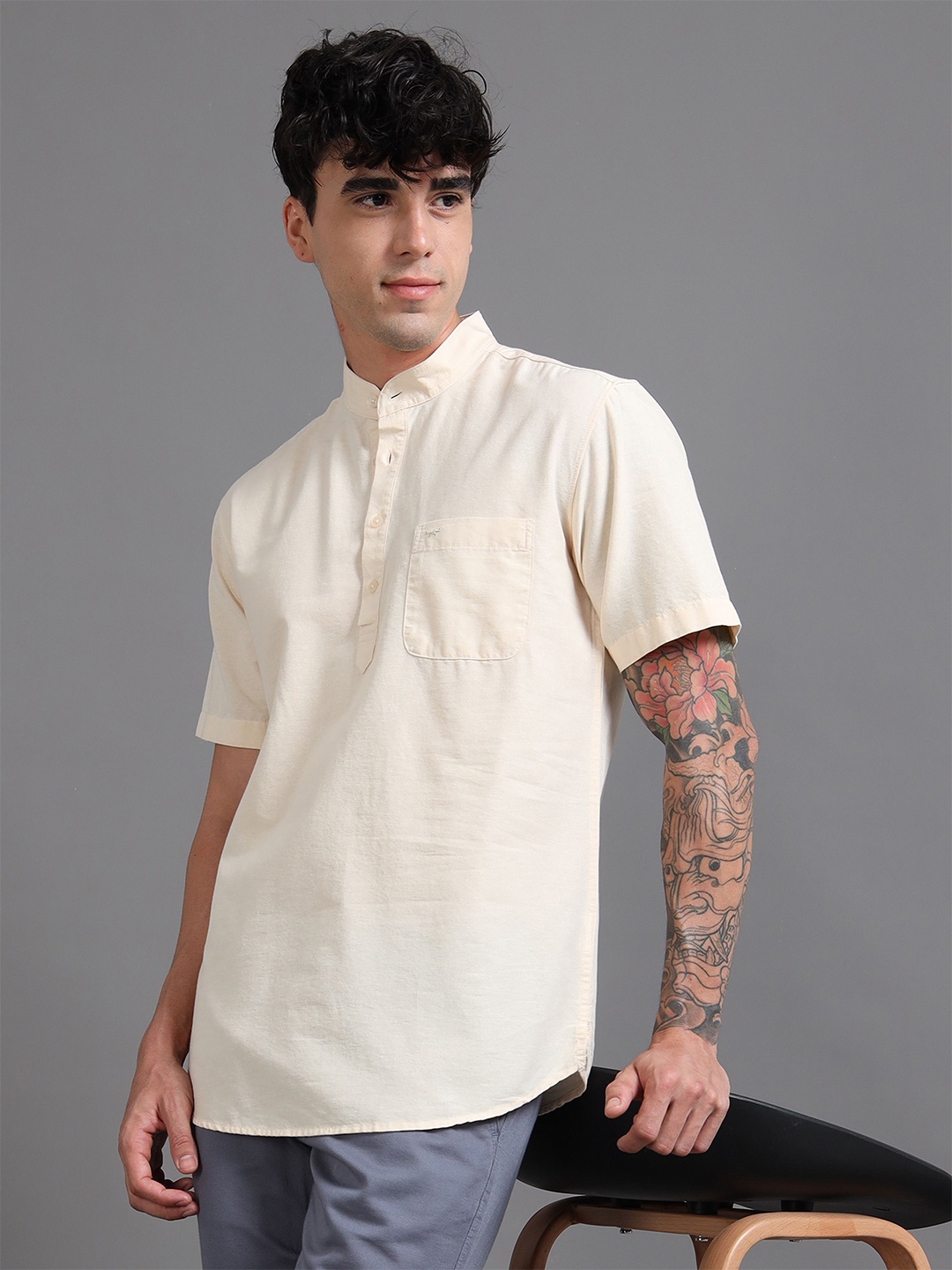 

RIGS AND RAGS Men Classic Fit Mandarin Collar Solid Linen Casual Shirt, Cream