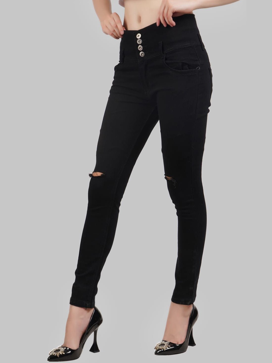 

LINARIA Women Classic Mid-Rise Tapered Fit Slash Knee Jeans, Black
