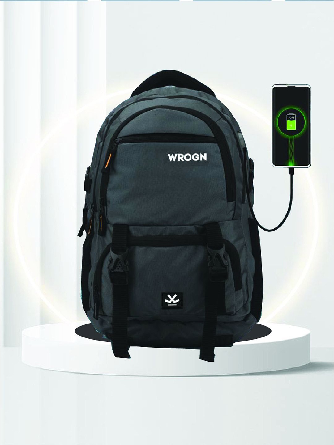 

WROGN Unisex Brand Logo Backpack with USB Charging Port, Grey