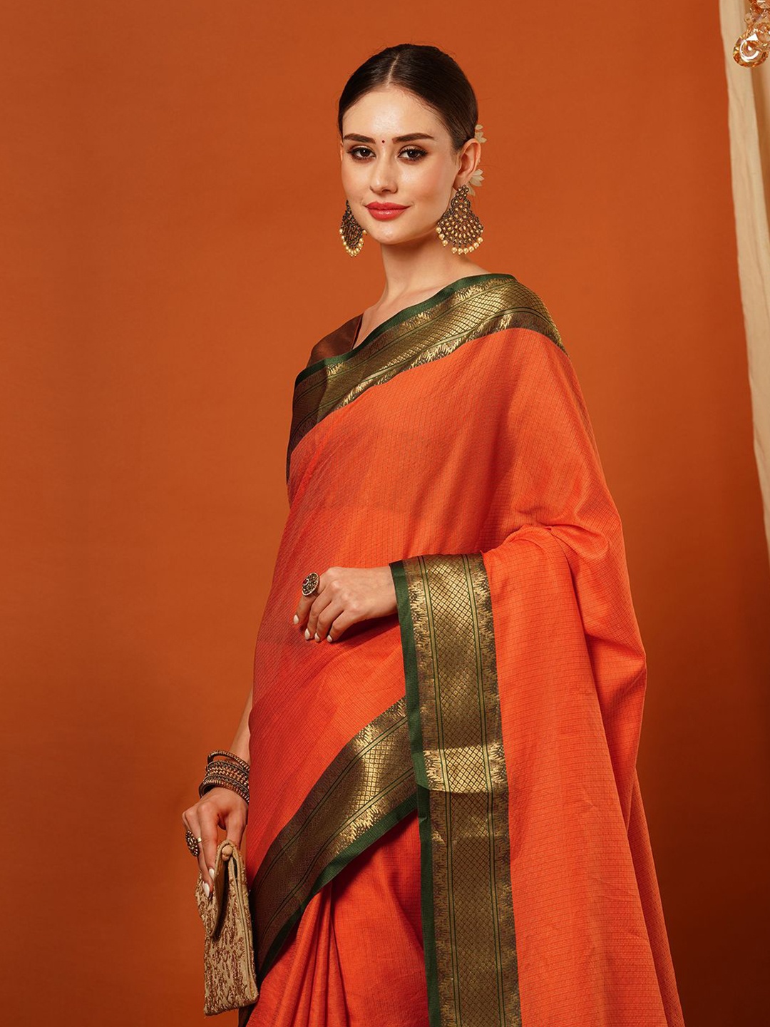 

yourwish Checked Woven Design Zari Mysore Silk Saree, Orange