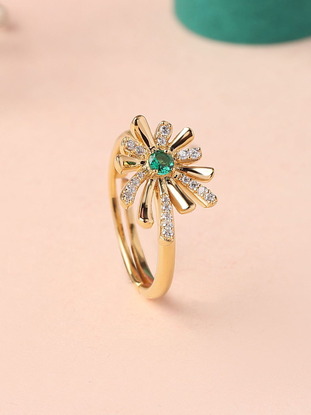 

Ornate Jewels 925 Silver 18K Gold Plated Green Emerald Flower Adjustable Ring