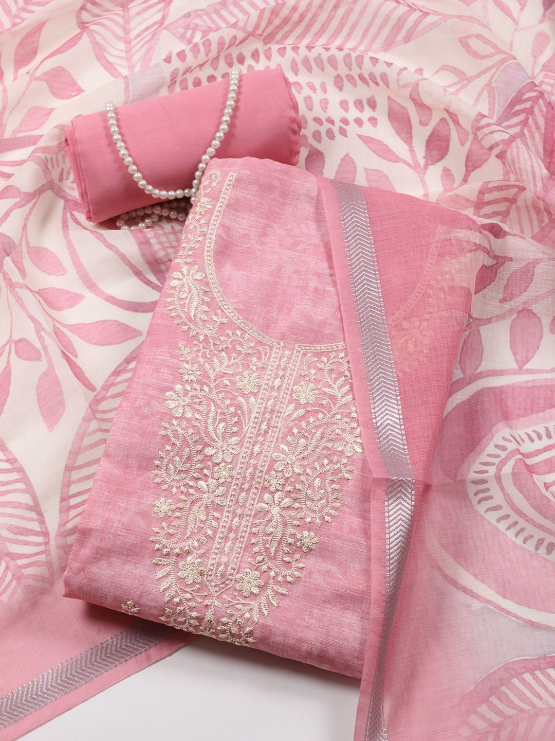 

Meena Bazaar Floral Embroidered Linen Unstitched Dress Material, Pink