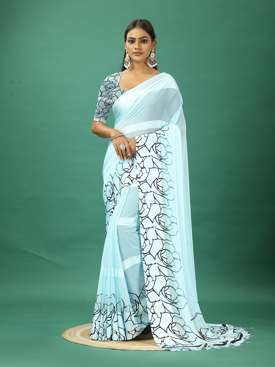

VIRENDRA TEXTILES Floral Printed Satin Saree With Blouse Piece, Blue