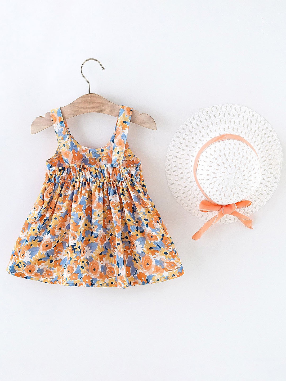 

LULU & SKY Girls Shoulder Straps Floral Printed Fit & Flare Dress, Orange