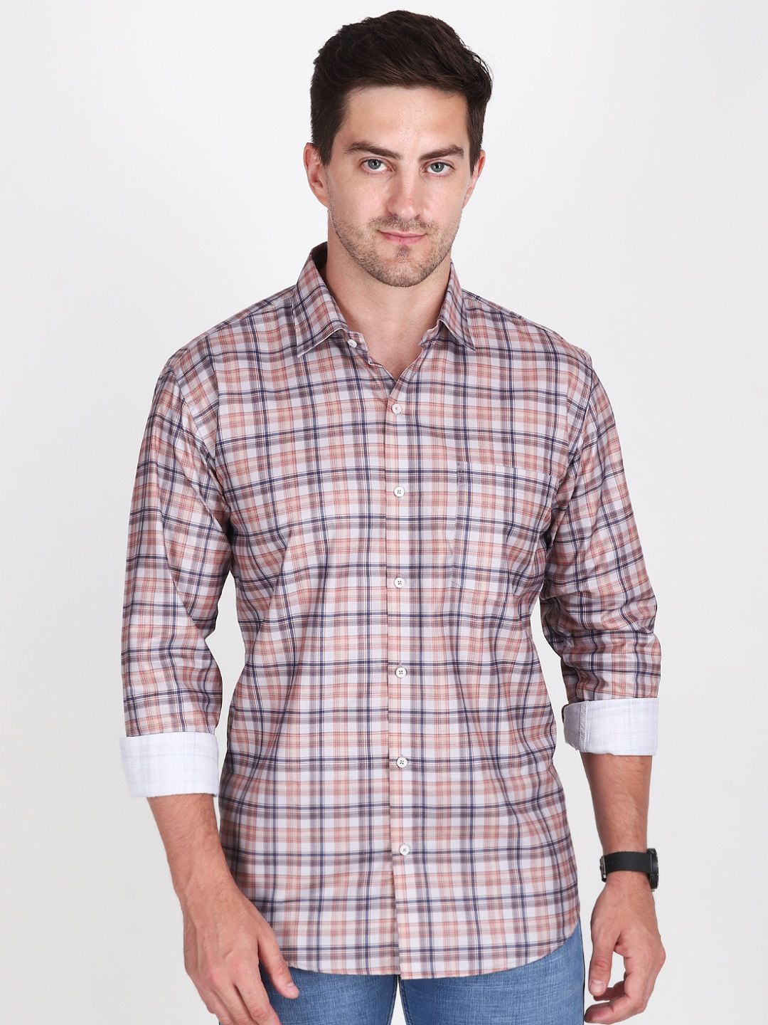 

APPEL TOUCH Men Comfort Regular Fit Spread Collar Tartan Checked Cotton Casual Shirt, Orange