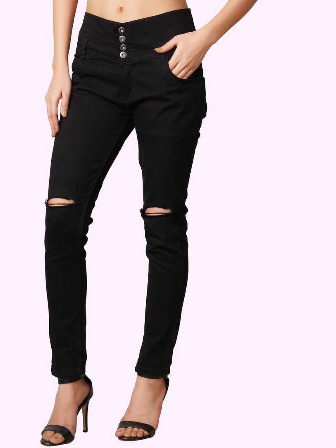 

LINARIA Women Classic High-Rise Slim Fit Slash Knee Jeans, Black